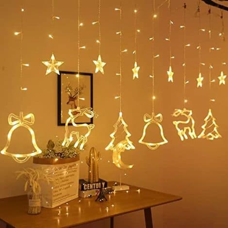 “Quace 138 LED Christmas Curtain String Light with 8 Flashing Modes, made of durable plastic.”