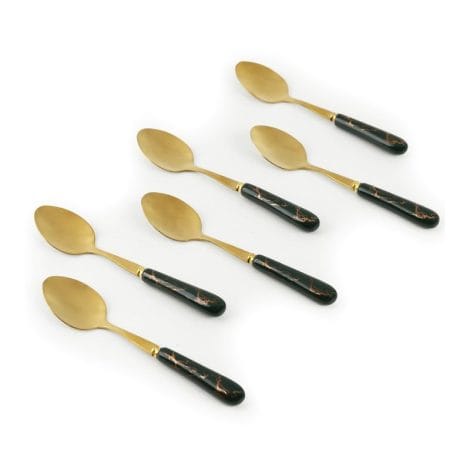 MGeezz Golden Small Spoons Set with Beautiful Green Ceramic Handles for Elegant Dining Experience.