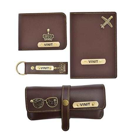 Personalized Birthday Gift Set for Indian Men – Customized Leather Accessories, ideal for Brother, Husband, or Father – Brown.