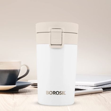 Borosil Coffeemate Insulated Mug, a travel mug that keeps your coffee hot for 8 hours and cold for 14 hours.