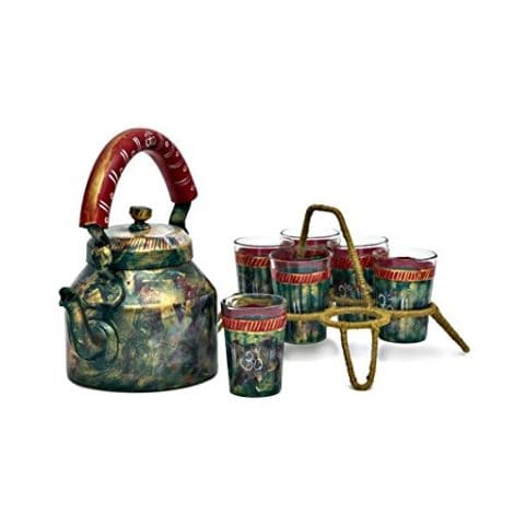 Hand-painted Tea Kettle Set with 6 Indian Glasses and Stand, perfect for gifting and home decor.