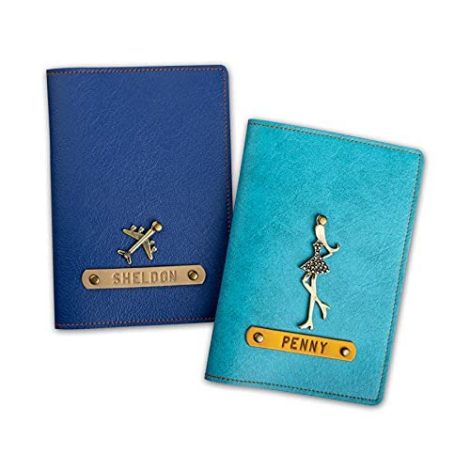 “The Junket Duo Personalized Passport Covers: Vibrantly colored faux leather, perfect for couples and gifting, set of 2.”