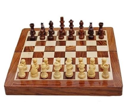 Handmade wooden chess board with magnetic pieces and extra queens, perfect for both kids and adults.