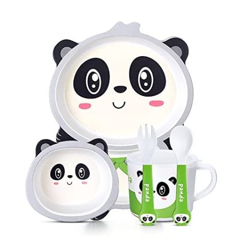 Eco-friendly and dishwasher safe Toyshine 5 Piece Mealtime Bamboo Dinnerware for Kids, Toddler, Panda Model. Perfect birthday gift.