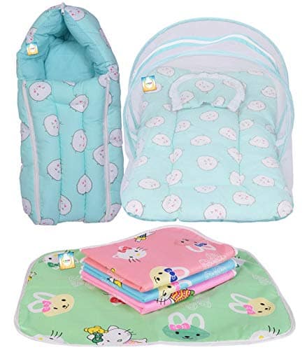 Bantoo’s New Born Baby Bedding Set Gift Combo with Net Bed, Sleeping Bag & Plastic Sheets, in Multicolor (0-6 Months).