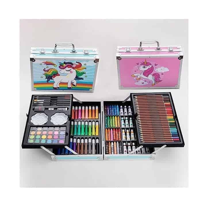 UOXOO 145-Piece Art Supplies Set for Kids, 2 Layers Drawing Supplies for Kids Boys Girls Ages 8 9 10 11 12, Portable Aluminum Case Art Kit, Great Gift for Teens Adults Beginner and Artists (unicorn pink)