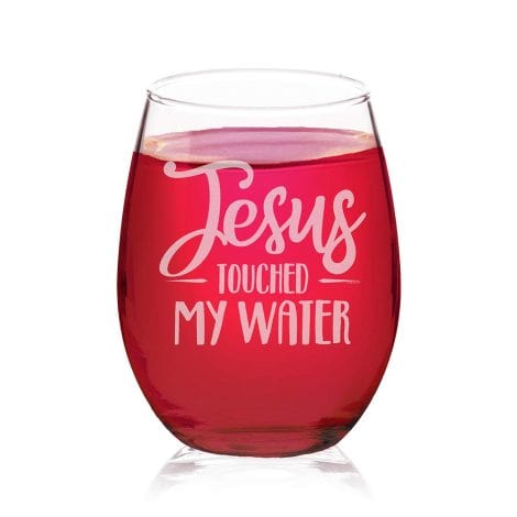 Hilarious B’day gift for a drinking enthusiast! Veracco Stemless Wine Glass – Jesus Blessed Water Design. (Clear, Glass)