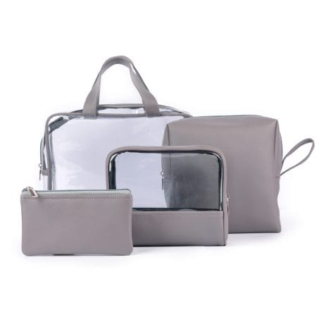 Nestasia Grey Travel Pouch Set with 4 different-sized pouches for essential travel items. Vegan leather & waterproof.