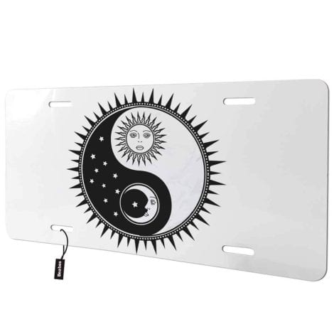 Beabes black and white Yin Yang Sun Moon decorative license plate cover, a unique gift for Indian drivers.