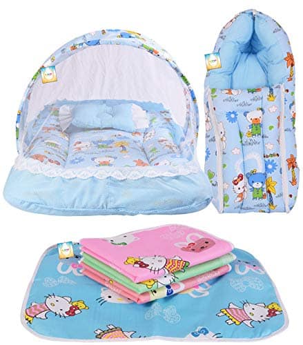 Bantoo Baby Bedding Set Gift Combo Pack for Newborns including Bed Net, Sleeping Bag and Plastic Sheets (0-6 Months) in Blue