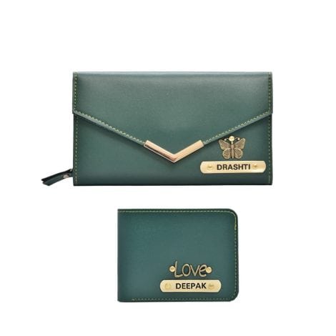 Customized Couple’s Wallet with Name and Charm, Perfect Anniversary or Wedding Gift, in Green color.