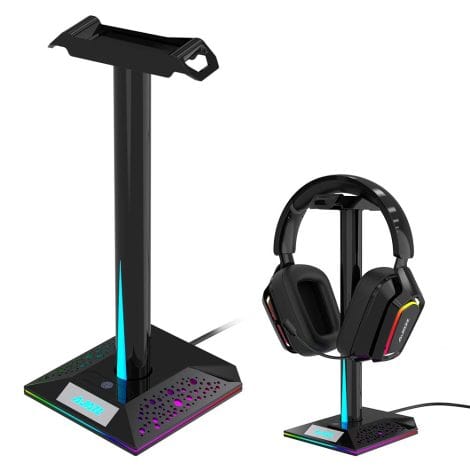 NACODEX RGB Gaming Headphone Stand: Enhance your gaming setup with this sleek headset holder featuring 10 lighting modes, USB ports, and touch control.