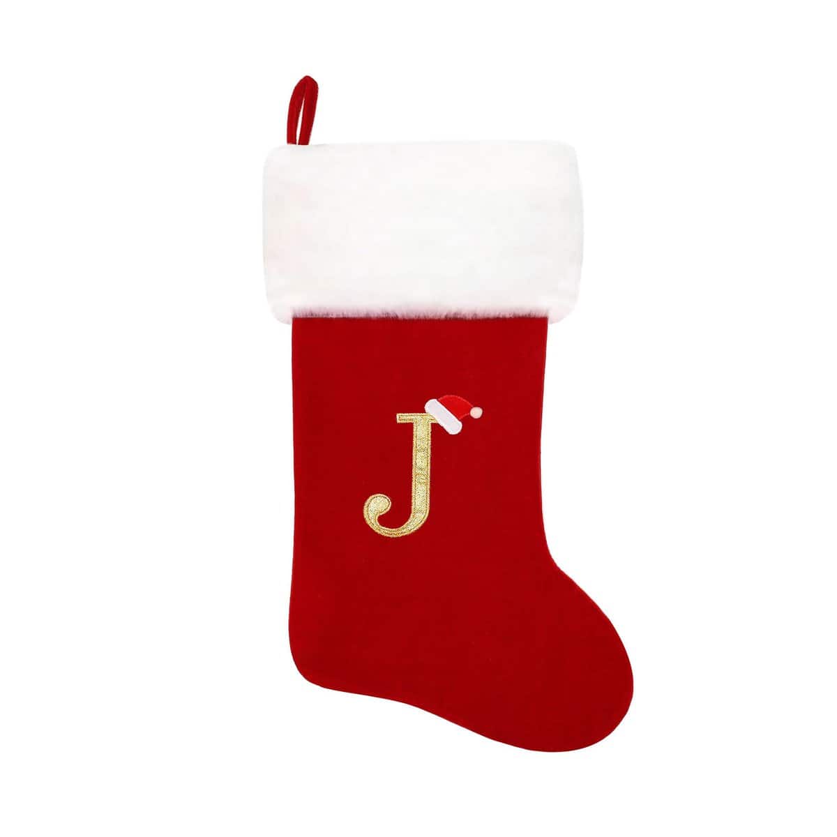 Eoocan 20 Inches Monogram Christmas Stockings Red Velvet with White Super Soft Plush Cuff Embroidered Xmas Stockings Classic Personalized Stocking Decorations for Family Holiday Season Decor(Letter J)