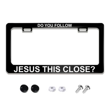 Metallic black car number plate frame with a humorous message for Indian Jesus followers. Ideal gift for anyone.