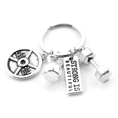 Get this ShiQiao Spl Fitness Gym Keyring with Quotes, featuring weight plate, dumbbell, and kettlebell, for strong and beautiful loved ones.