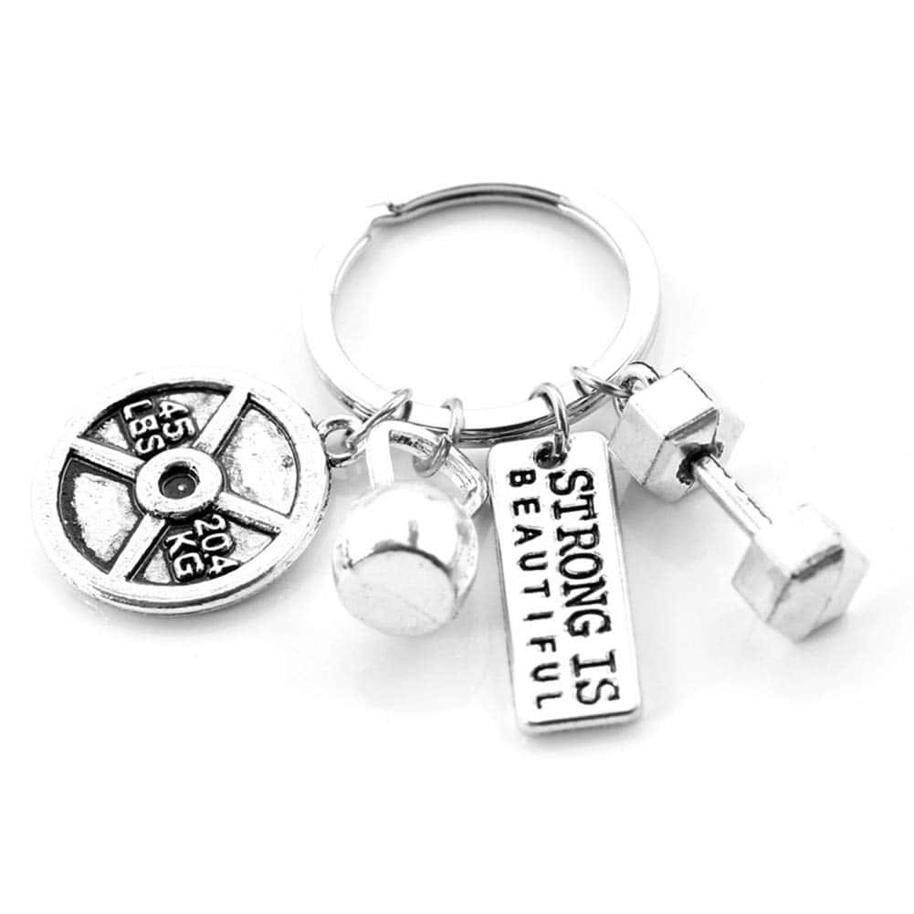 ShiQiao Spl Fitness Gym Keyring with Quotes Weight plate Dumbbell and Kettlebell Exercise Strong is Beautiful Charm Pendant Keychain Gifts for Daddy Husband Boyfriend, Strong is Beautiful, Free