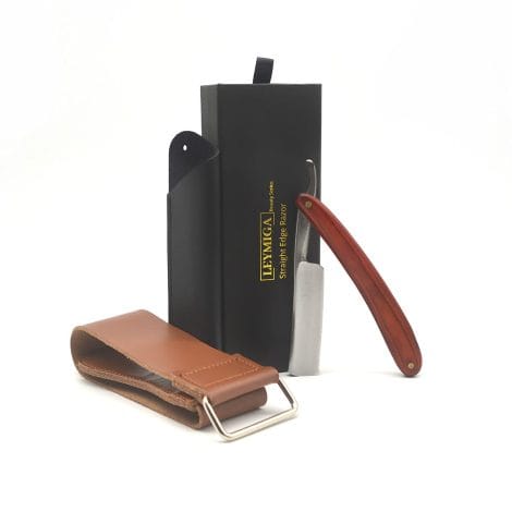 LEYMIGA Straight Razor Shaving Kit, complete with strop, case, and SHAVE READY straight edge razor blade. Perfect for Indian men, with a vintage touch and carbon steel blade. Comes in a classy gift packaging.