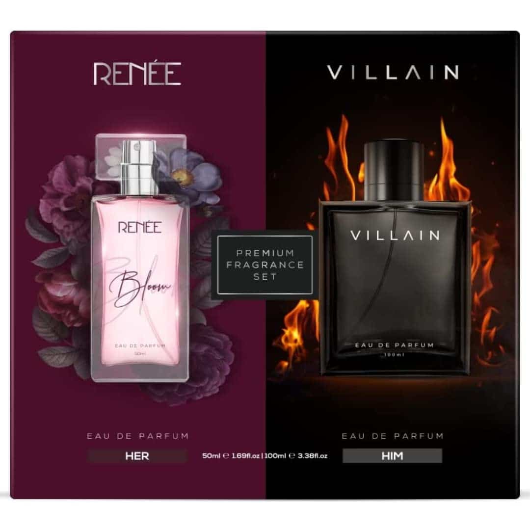 RENEE x VILLAIN Him & Her Premium Eau De Parfum Gift Set 50 ml + 100 ml| Long Lasting Luxurious Perfume Combo for Men & Women| Scent for All Occasions