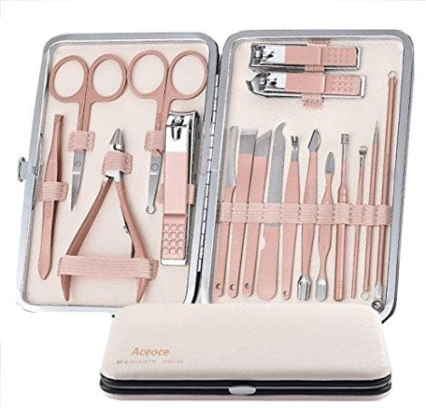 Luxurious 18-piece Aceoce Nail Clippers Set with Travel Leather, perfect for manicure and pedicure needs. (In English: Rose Golden-18 pieces)