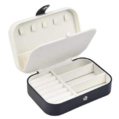 “Compact Navy Blue Jewelry Box: Organize your earrings, rings, necklaces, and bracelets with this portable travel case.”