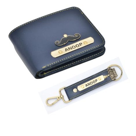 Personalized Blue Leather Wallet and Custom Keychain Set: Perfect Birthday Gift for Men in India.