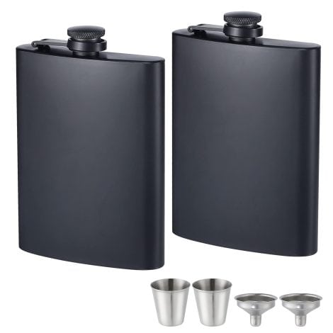 Set of 2 sleek black stainless steel flasks, leak-proof with funnels and cups, perfect for weddings and gifting.