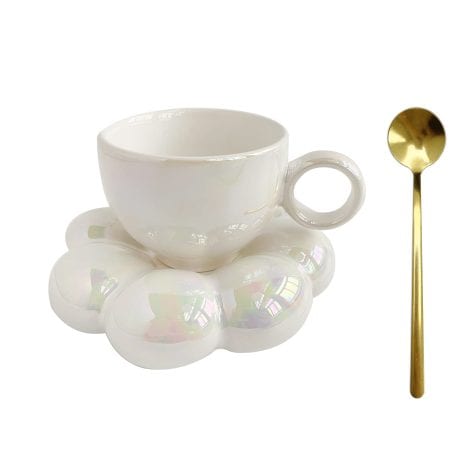 Lioong White Coffee Mug with Flower Saucer Spoon Set, Ceramic Tea Cup for Her, Mom Gift.