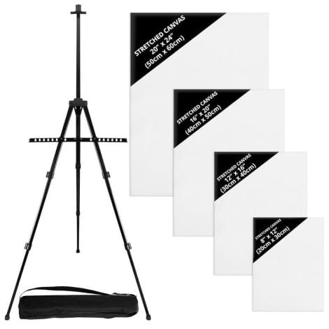 Space Painting Easel Stand: Portable, adjustable, lightweight steel tripod for artists and kids, with 4 plain canvas boards.