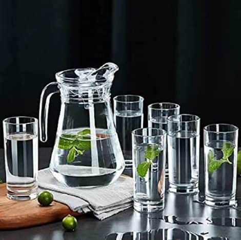 Vilon Italian Premium Jug Set with Stylish Glasses for Serving Water, Juice, and Cold Drinks, 6 Water Glass 280 Ml, Jug 1100 Ml