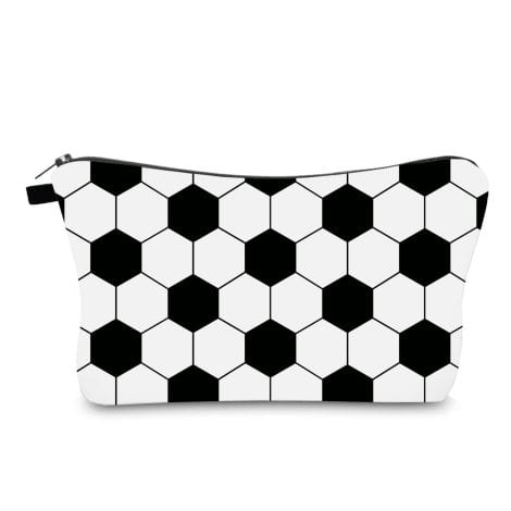 Waterproof cosmetic bag in black and white with volleyball and soccer design, perfect for teenage girls.