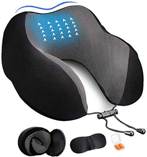 ADOFYS Portable Combo for Travel: Memory Foam Neck Support Pillow, Eye Mask, and Noise Isolating Earplugs (Black)