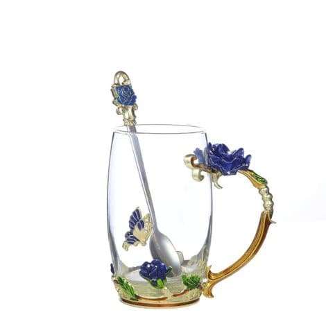 Rose Blue High Coffee Cup, 12 oz: Exquisite handcrafted crystal glass mug with 3D flower design, perfect for women in India.