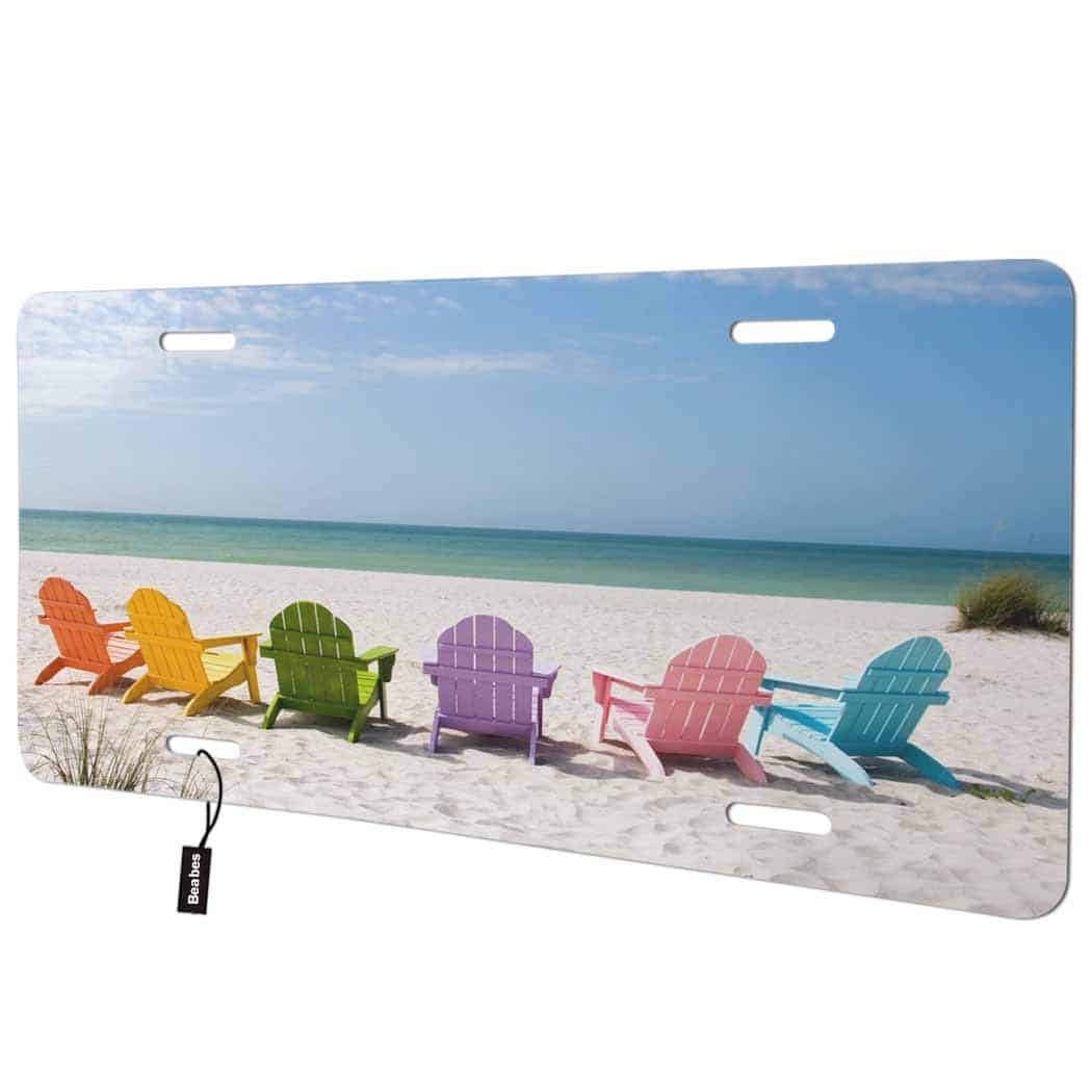 Beabes Colorful Beach Chair Front License Plate Cover,Sea Ocean Scene Sand Horizon BlueSky Decorative License Plates for Car,Aluminum Novelty Auto Car Tag Vanity Plates Gift for Men Women 6x12Inch