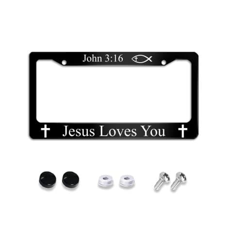 “Jesus Loves You” License Plate Frame: A durable, black aluminum frame with 2 holes, ideal for standard US vehicles. Perfect gift!