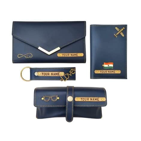 The Bling Stores Blue Combo Pack includes a personalized women’s wallet, keychain, passport cover, and eyewear case made of PU leather.