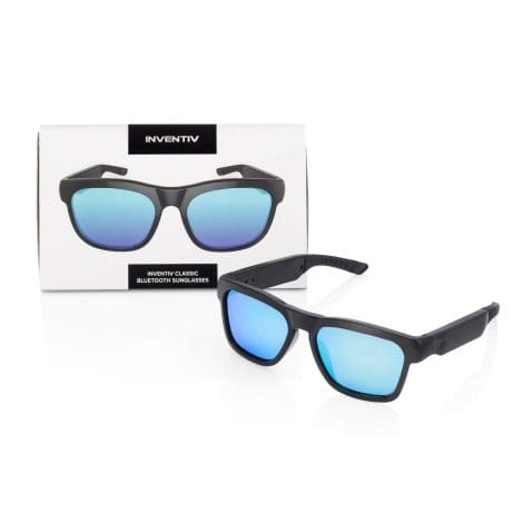 Wireless Bluetooth Sunglasses with Open Ear Headphones, Hands-Free Calling, for Men & Women, Polarized Lenses (Black Frame/Blue Tint).