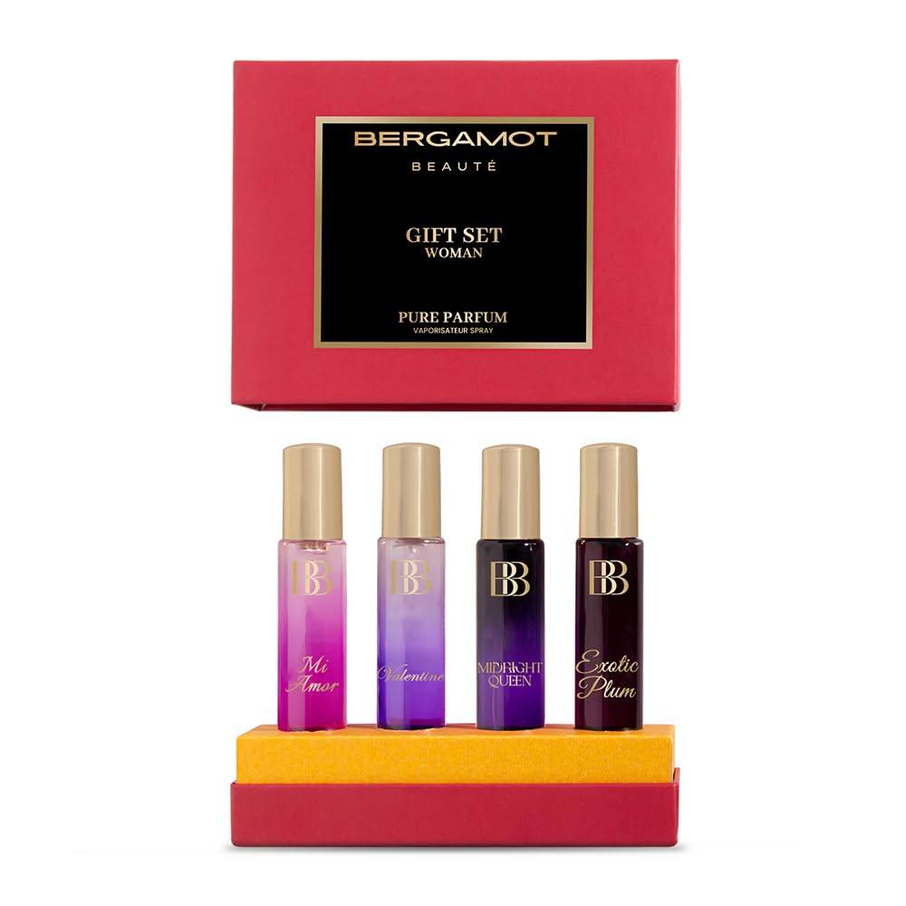 Bergamot Beauté Pure Perfume Gift Set for Women Pack of 4 x 15 ml | VALENTINE, EXOTIC PLUM, MI AMOR, MIDNIGHT QUEEN 2x Long Lasting than Eau De Parfum