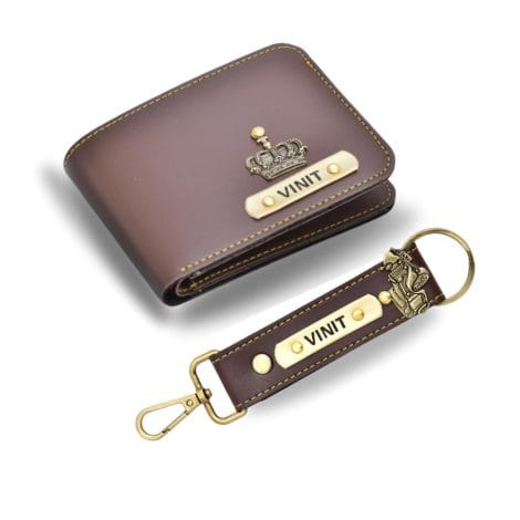 Personalized Leather Wallet and Customized Keychain set with Name and Charm – Brown, an ideal gift for Indian men.