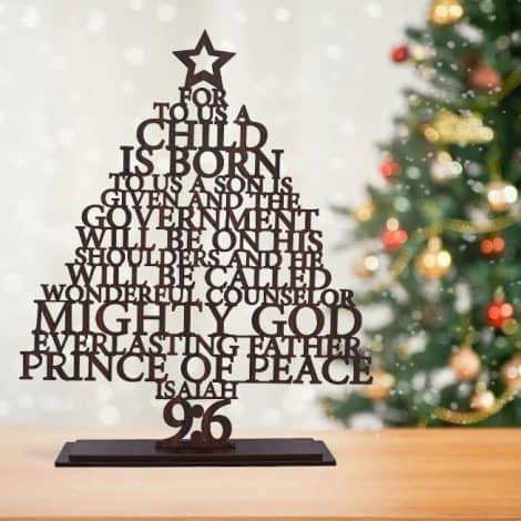 Traditional Wooden Christmas Tree with Isaiah 9:6 Ornaments, perfect for decorating your home, available in a set of 2.