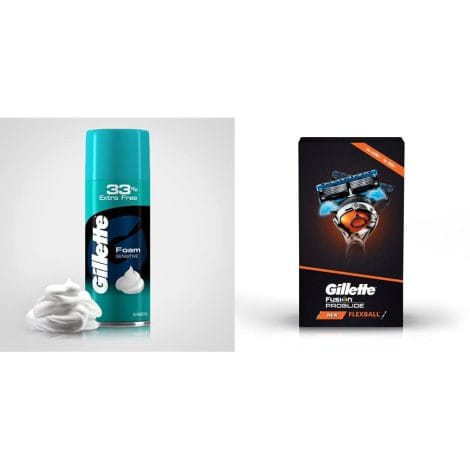 Gillette Classic Sensitive Shaving Foam (418 g, 33% extra) and Pro Glide Flexball Gift Pack with Razor and 4 Cartridges.