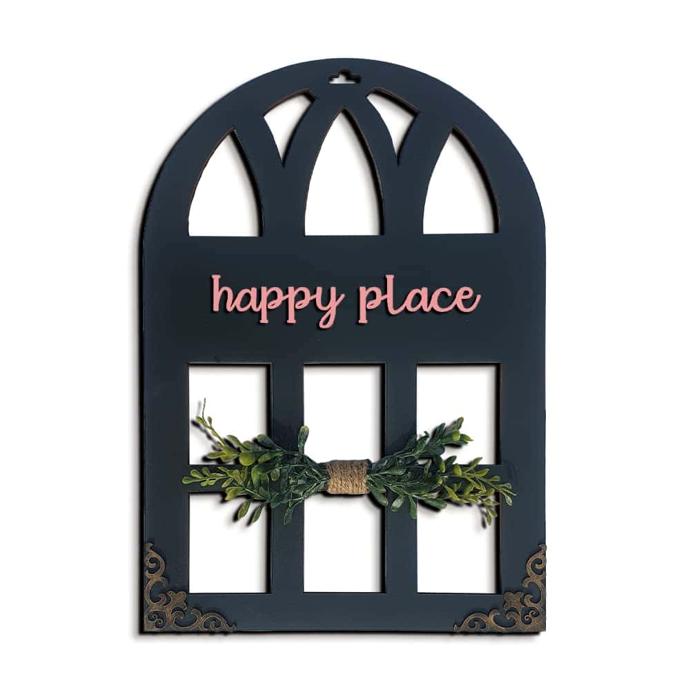 Chalk My Theme 3D Laser Cut Letters Happy Place Wall Décor in Window Style with Leaves Wooden Wall or Door Decor for Home, Living Room, Bedroom, Balcony or Any Favorite Place Stone Grey