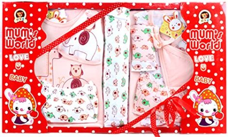 MOM CARE Newborn Gift Set: A complete 11-piece set for newborn baby boy, girl, or unisex in pink.