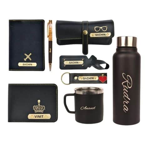 Personalized Men’s Gift Set – Leather Wallet, Passport Cover, Water Bottle, Keychain, and Custom Pen. Perfect for gifting!