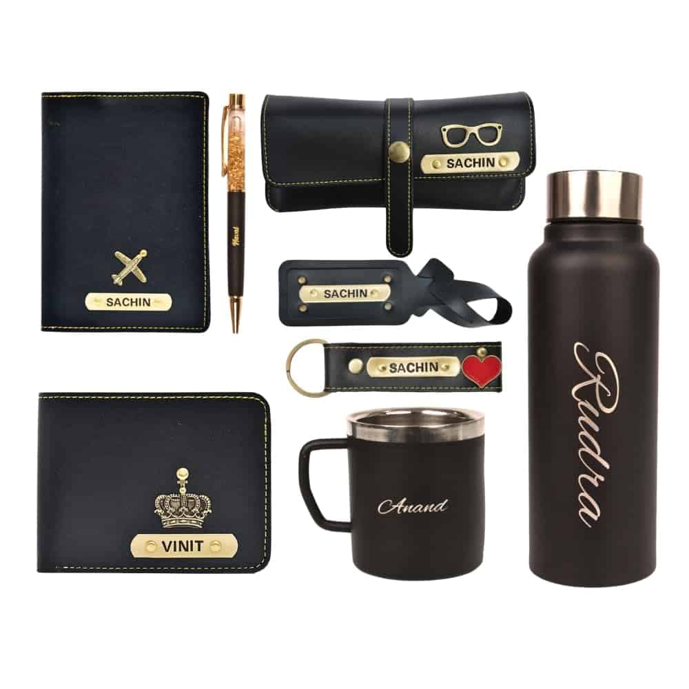 YOUR GIFT STUDIO Customized Man Gift with Name & Charm, Leather Men Wallet, Passport Cover, Water Bottle, Keychain, Customised Pen | Gifts for Men | - Black