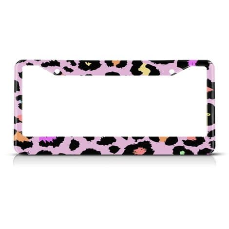 Funky Leopard Design Pink and Black License Plate Frame – Stylish Car Tag Holder for US Vehicles.