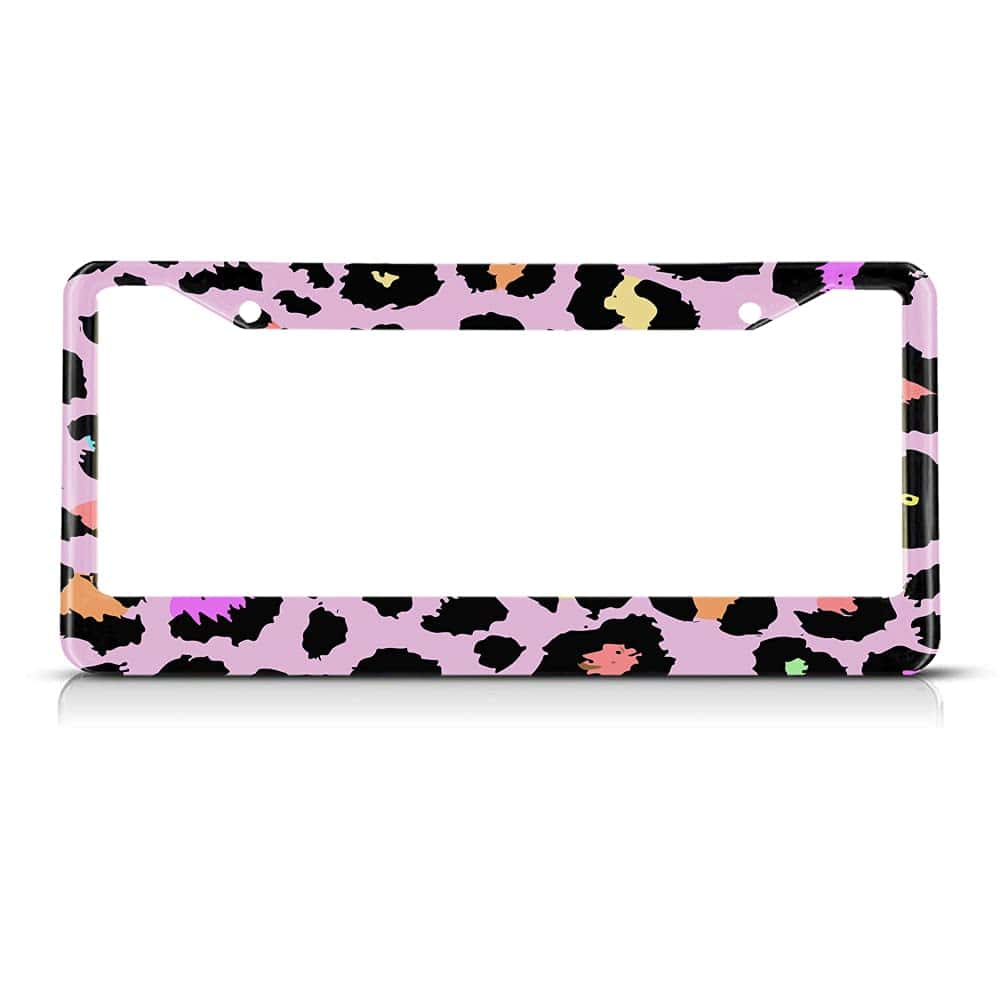 Beabes Pink Black Animal Pattern License Plate Frame Funny Leopard Novelty License Plate Frame Cool Design License Plate Cover Car Tag Holder Metal License Plate Frame for US Vehicles Standard