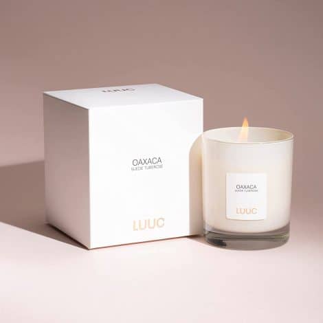 Luxurious LUUC Oaxaca Perfume Candle, scented with suede and tuberose, perfect for gifting during Thanksgiving and Christmas.