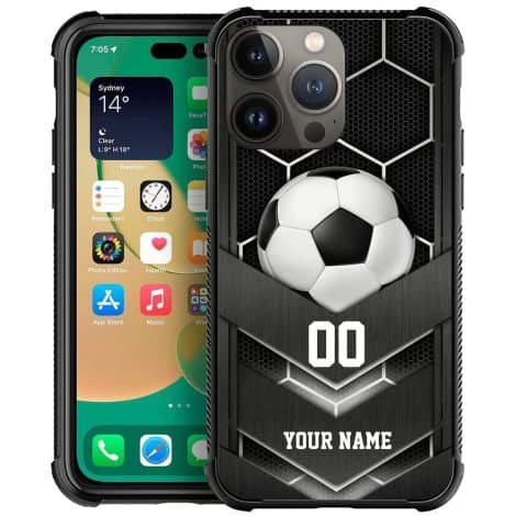 Customize your own soccer-themed phone case for Apple iPhone 14 Pro Max and more. Perfect for sports enthusiasts.