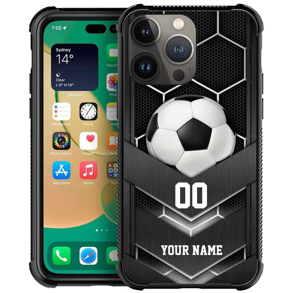 Personalized Soccer Sport-Custom Name Number Custom Phone Case Cover Apple iPhone 14 Pro Max 14 PLUS/13 12 11 Pro Max Mini/Xs X Max Xr/7 8 Plus SE2 2024 for Men Women Fans Gift