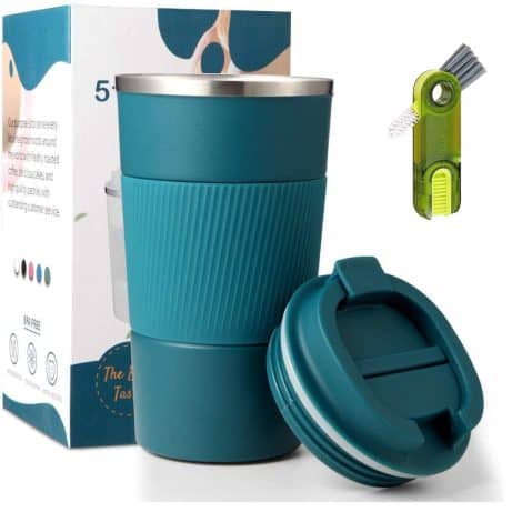 Get the Wosta Insulated Travel Coffee Mug with Lid & 3 in 1 Cleaning Brush Set. Keeps drinks hot or cold! (Blue)